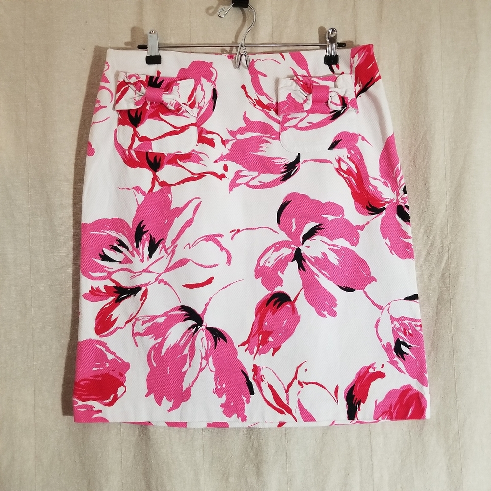 Floral Pencil Skirt Bow Pockets White Pink Black Tropical Textured Cotton Large